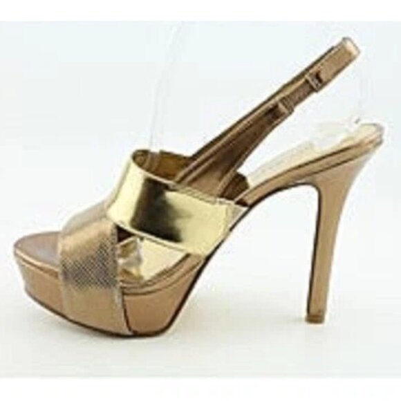 Nine West Fairgame Gold Strappy Criss-Cross Slingback Sandals Heels Womens 10 - Picture 1 of 6